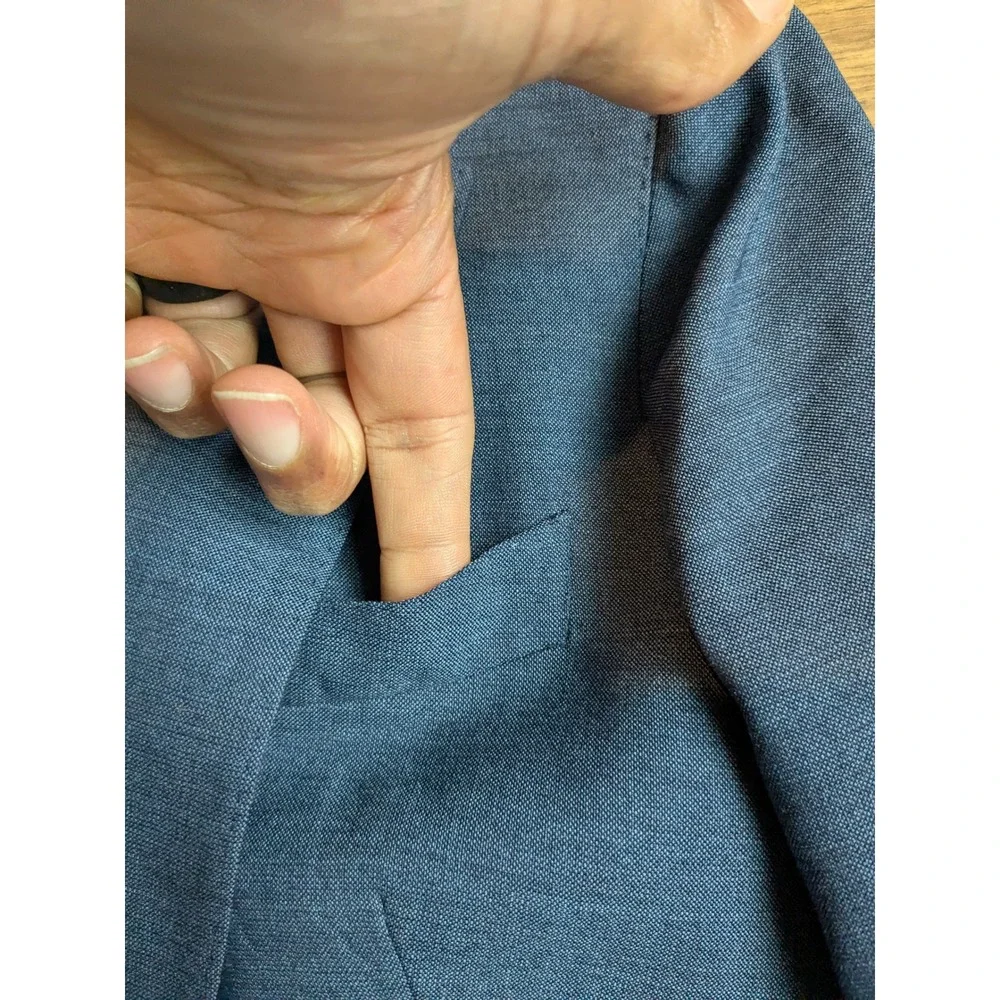 NWOT SUISTUDIO Women's Blue Wool Suit Set Blazer‎ 32R Pants 24x29 READ